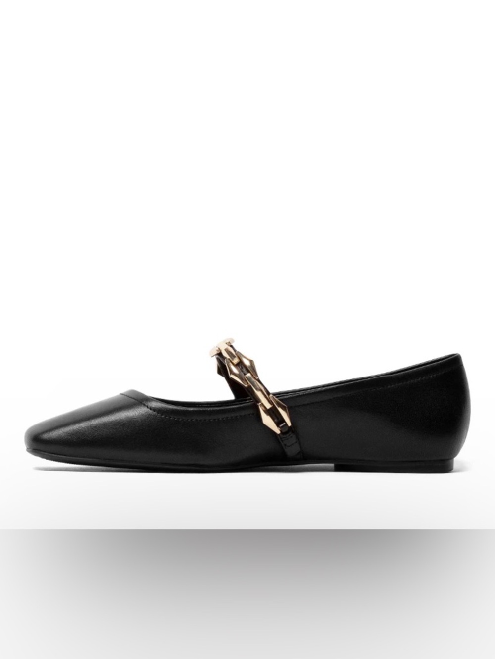 Vince Camino Black Leather Ballet Flat with Gold Chain Strap